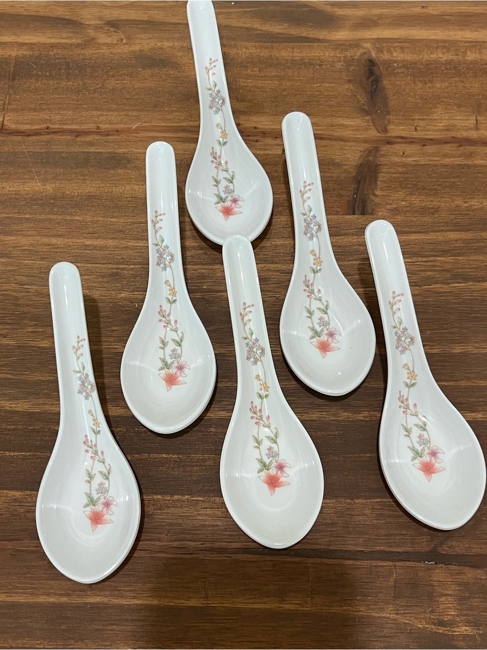 Soup Rice Spoon Asian Floral Design Set of 6 Purple Pink Yellow 6”
